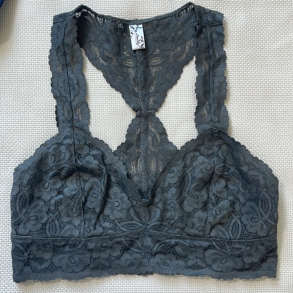 Free People Galloon Racerback Bralette Size M Grey Coquette Feminine Floral EUC - Picture 2 of 7